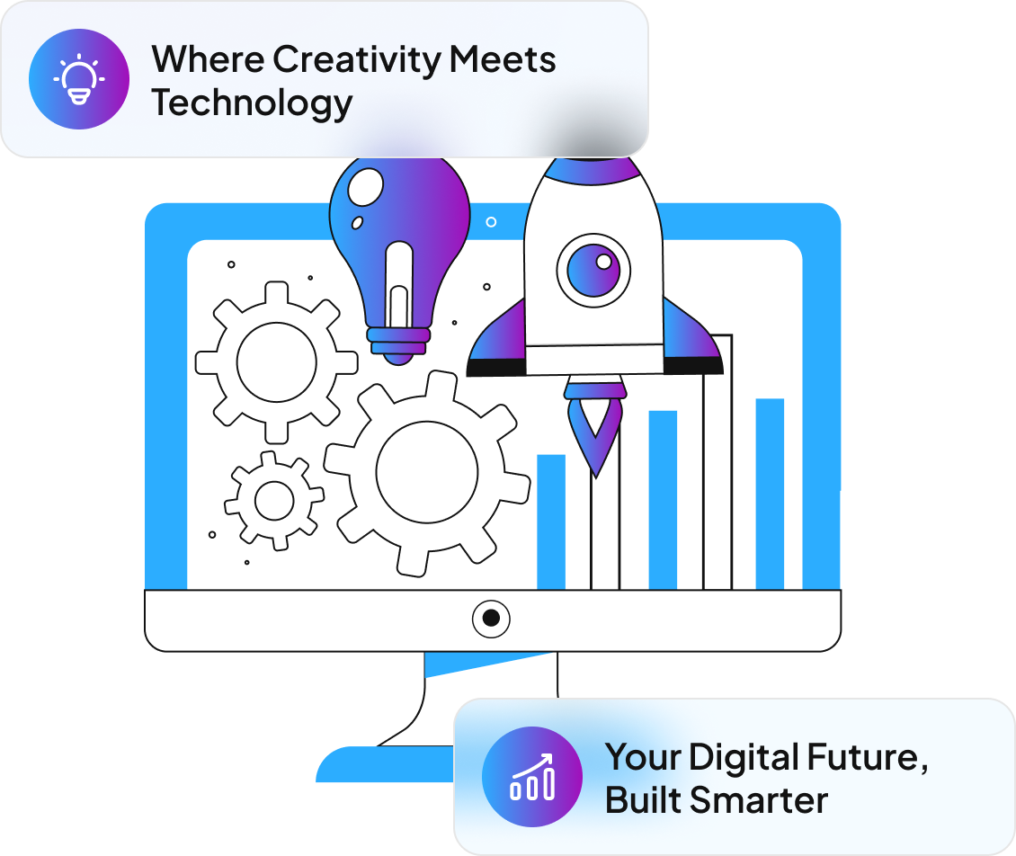 a computer, a lightbulb, and a rocket, with boxes saying where creativity meets technology and your digital future, built smarter